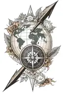 develop a tattoo in the shape of an arrow for the forearm where it is made up of a compass rose with a terrestrial globe tattoo design idea