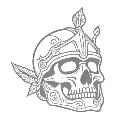 skull wearing roman warrior helmet with plum tattoo design idea