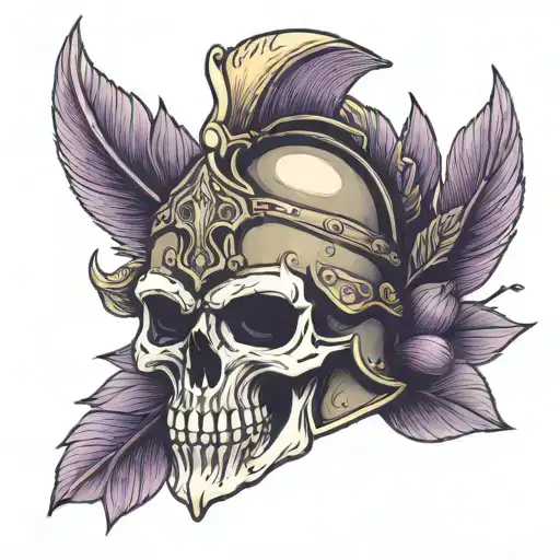 skull wearing roman warrior helmet with plum tattoo design idea