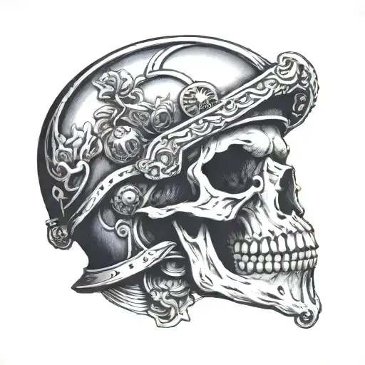 skull wearing roman helmet with plum tattoo design idea