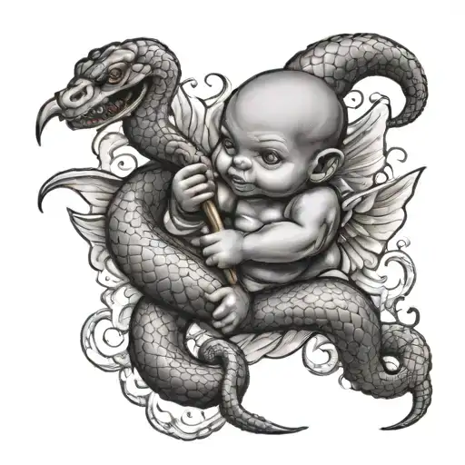 gangster baby cupid fighting snake tattoo design idea
