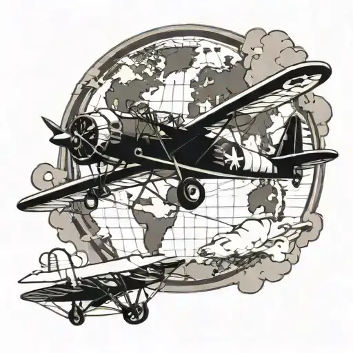 A vintage biplane performing aerobatic maneuvers over a world map, symbolizing the client's love for aerobatic flying and world traveling tattoo design idea