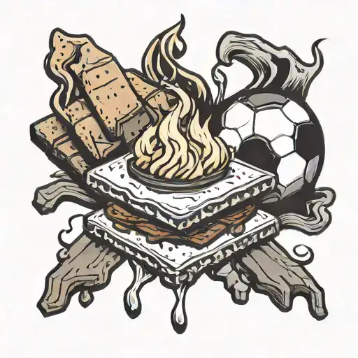 A smore with a soccer ball as the marshmallow, surrounded by flames and graham crackers tattoo design idea