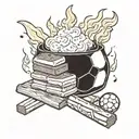 A smore with a soccer ball as the marshmallow, surrounded by flames and graham crackers tattoo design idea