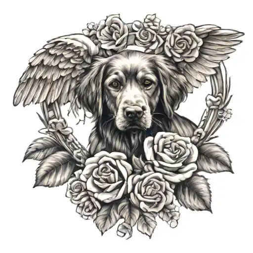 dog paw with angel wings and heart of roses around it tattoo design idea