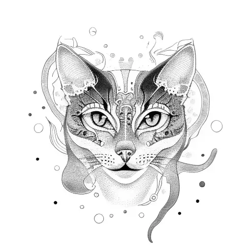 A dotwork tattoo featuring an abstract representation of a cat demon merging with artistic brush strokes tattoo design idea