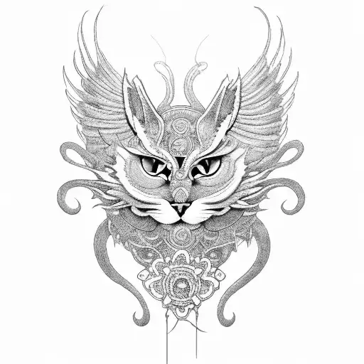 A blackwork tattoo showcasing an intricate design of a cat demon with wings made of paintbrushes tattoo design idea