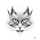 A dotwork tattoo featuring an abstract representation of a cat demon merging with artistic brush strokes tattoo design idea