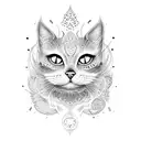 A dotwork tattoo featuring an abstract representation of a cat demon merging with artistic brush strokes tattoo design idea