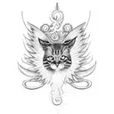 A blackwork tattoo showcasing an intricate design of a cat demon with wings made of paintbrushes tattoo design idea