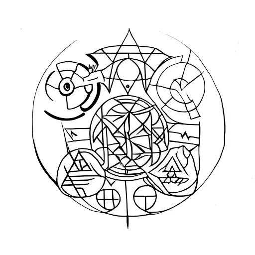 ancient runes in circle, in the middle in a triangle with Fenrir tattoo design idea