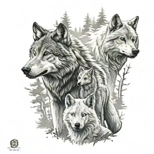 Male amd Female wolf with one wolf cub, grizzly bear, white horse woodlands  tattoo design idea