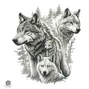 Male amd Female wolf with one wolf cub, grizzly bear, white horse woodlands  tattoo design idea