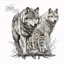 Male amd Female wolf with one wolf cub, grizzly bear, white horse woodlands  tattoo design idea