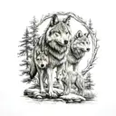Male amd Female wolf with one wolf cub, grizzly bear, white horse woodlands  tattoo design idea