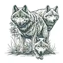 Male amd Female wolf with one wolf cub, grizzly bear, white horse woodlands  tattoo design idea