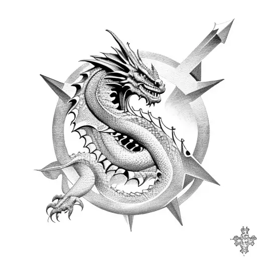 European Dragon with Nordic Compass tattoo design idea