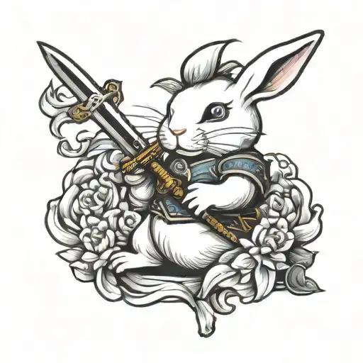 white bunny holding sword tattoo design idea