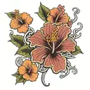 A tattoo of a hibiscus flower intertwined with korean calligraphy spelling out the client's favorite k-pop lyrics tattoo design idea