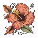 A tattoo of a hibiscus flower intertwined with korean calligraphy spelling out the client's favorite k-pop lyrics tattoo design idea