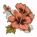 A tattoo of a hibiscus flower intertwined with korean calligraphy spelling out the client's favorite k-pop lyrics tattoo design idea