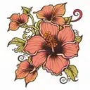 A tattoo of a hibiscus flower intertwined with korean calligraphy spelling out the client's favorite k-pop lyrics tattoo design idea
