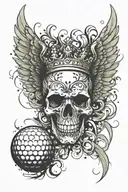 skull and crown golf ball with wings tattoo design idea