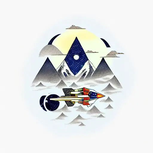 Spaceship, birds, mountains, surf, waves, nasa, Los Angeles, dinosaures tattoo design idea