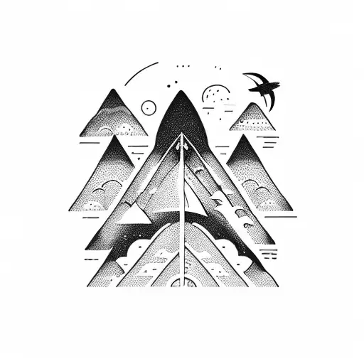 Spaceship, birds, mountains, surf, waves, nasa, Los Angeles, dinosaures tattoo design idea