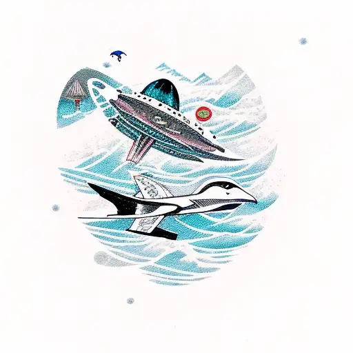 Spaceship, birds, surf, waves, nasa, Los Angeles, dinosaures tattoo design idea
