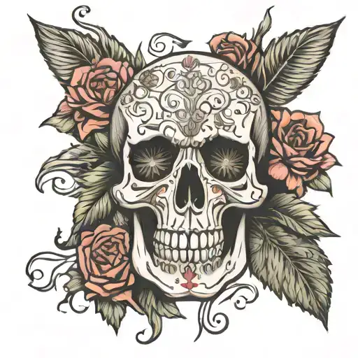 Skull around name wrapping into flowers with another name  tattoo design idea