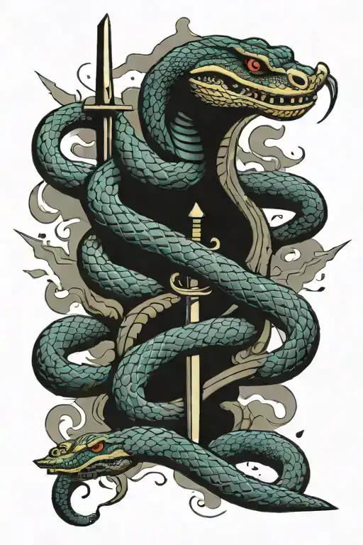 snake with sword in the middle with jewish words behind and dark rainy clouds  tattoo design idea