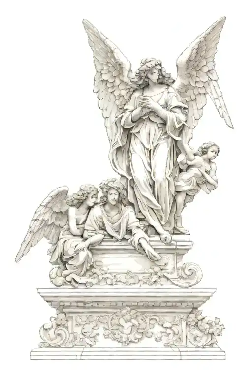 angels beliving in beauty of life, renaissance archetecture style tattoo design idea