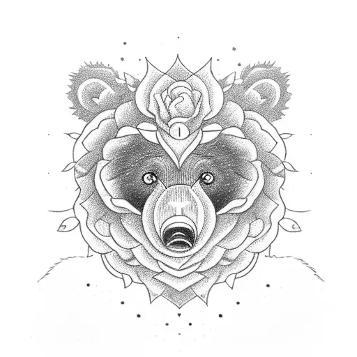 A whimsical drawing of a diamond-eyed bear surrounded by roses, symbolizing beauty and strength in unexpected places tattoo design idea