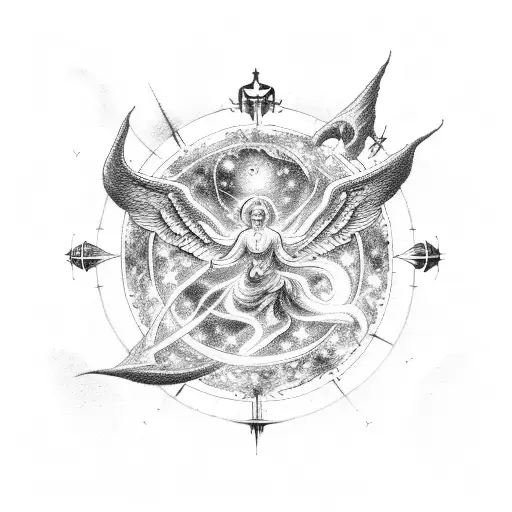 A celestial scene featuring angels and demons battling in the sky, with the Aries constellation prominently displayed above them tattoo design idea