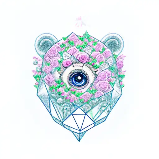 A whimsical drawing of a diamond-eyed bear surrounded by roses, symbolizing beauty and strength in unexpected places tattoo design idea