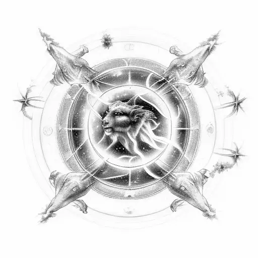 A celestial scene featuring angels and demons battling in the sky, with the Aries constellation prominently displayed above them tattoo design idea