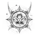 A celestial scene featuring angels and demons battling in the sky, with the Aries constellation prominently displayed above them tattoo design idea