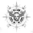 A celestial scene featuring angels and demons battling in the sky, with the Aries constellation prominently displayed above them tattoo design idea