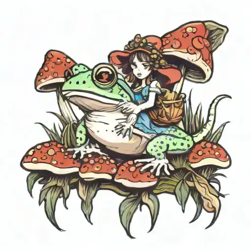 A fairy riding a frog through a field of mushrooms tattoo design idea