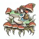 A fairy riding a frog through a field of mushrooms tattoo design idea