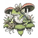 A fairy riding a frog through a field of mushrooms tattoo design idea