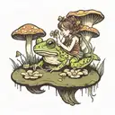 A fairy riding a frog through a field of mushrooms tattoo design idea