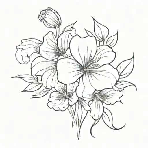 violet, primrose, and iris flower bouquet with a bow  tattoo design idea