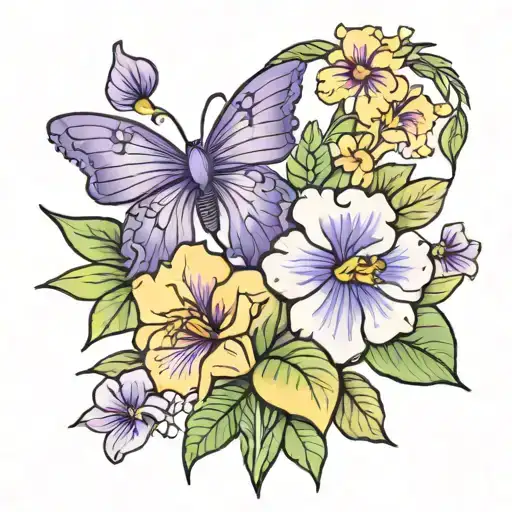 violet, primrose, and iris flower bouquet with a bow tattoo design idea