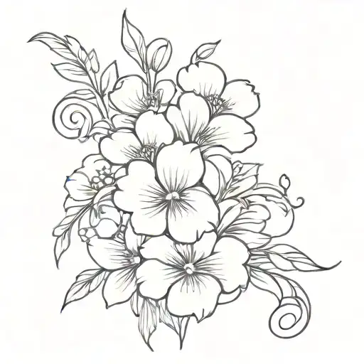 violet and primrose flowers in a bouquet with stems tied together with a bow, black and white, stencil tattoo design idea