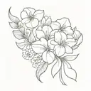 violet, primrose, and iris flower bouquet with a bow  tattoo design idea