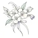 violet, primrose, and iris flower bouquet with a bow  tattoo design idea