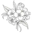 violet, primrose, and iris flower bouquet with a bow  tattoo design idea