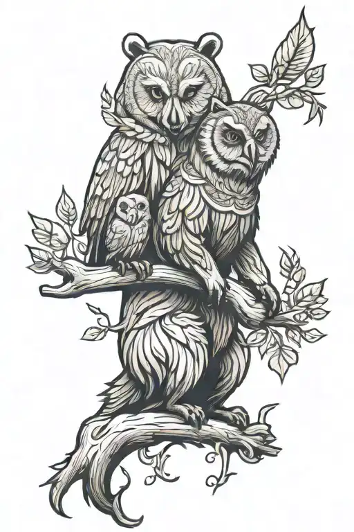 bear and owl perched tattoo design idea